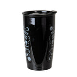 Black travel mug with white text and ouija symbols 