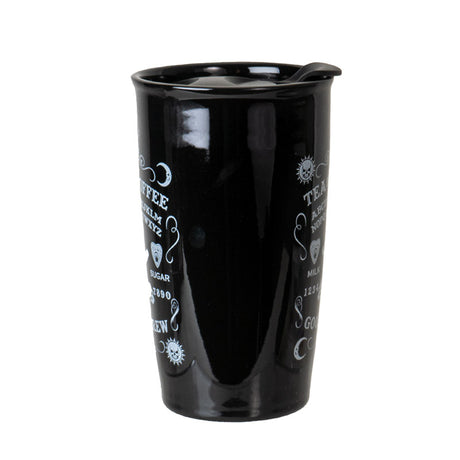 Black travel mug with white text and ouija symbols 