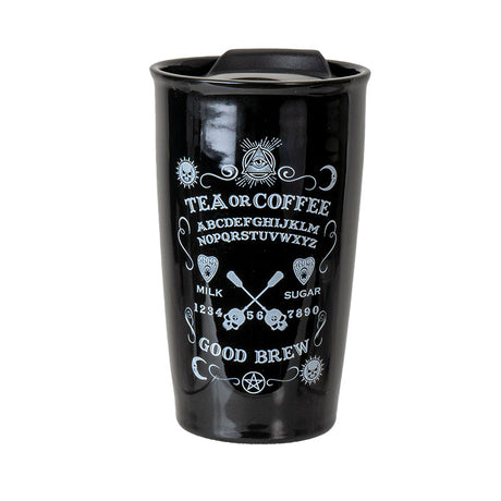 Black travel mug with white text and ouija symbols 