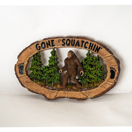 Faux-wood wall plaque with Bigfoot and text "Gone Squatchin'"