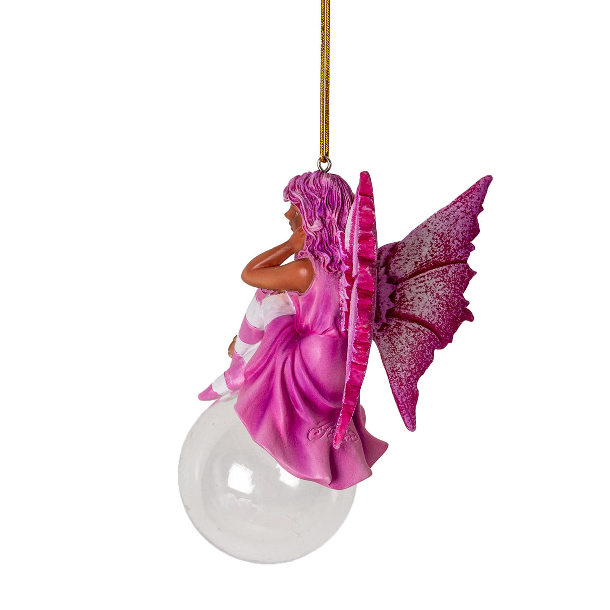 Hanging fairy ornament, dressed in pink with rose and white stockings, speckled pink wings, tan skin, perched on glass bubble