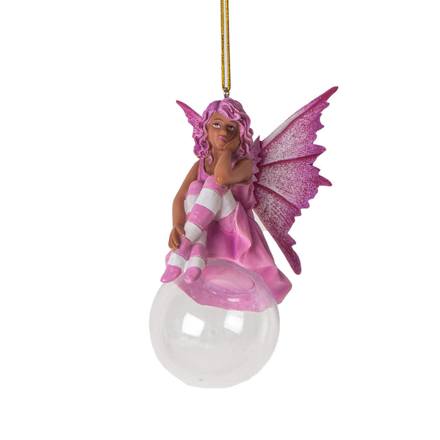 Hanging fairy ornament, dressed in pink with rose and white stockings, speckled pink wings, tan skin, perched on glass bubble