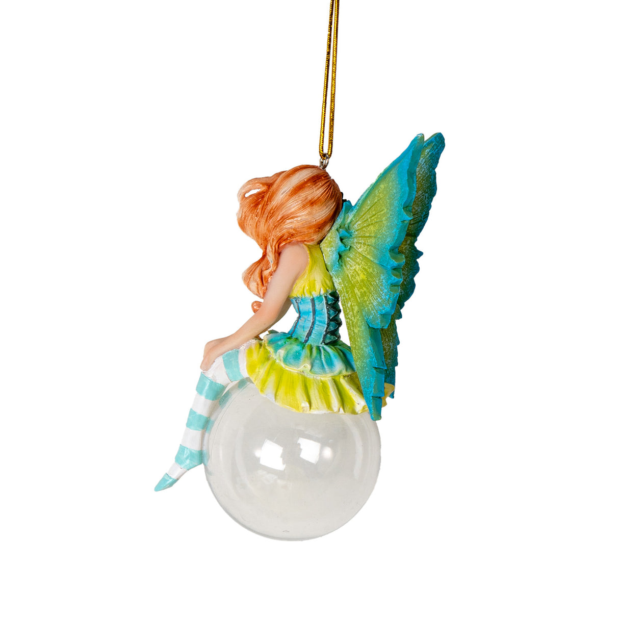 Fairy ornament, wings and dress in yellow-green and blue, striped aqua and white stockings, red hair, perched on glass bubble