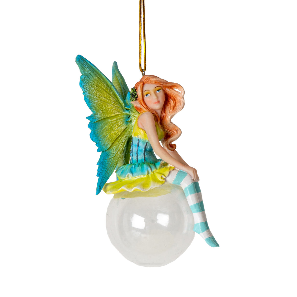 Fairy ornament, wings and dress in yellow-green and blue, striped aqua and white stockings, red hair, perched on glass bubble