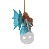 Hanging fairy ornament, blue dress and wings, striped cyan and white stockings, dark blond/light brown hair, perched on glass bubble