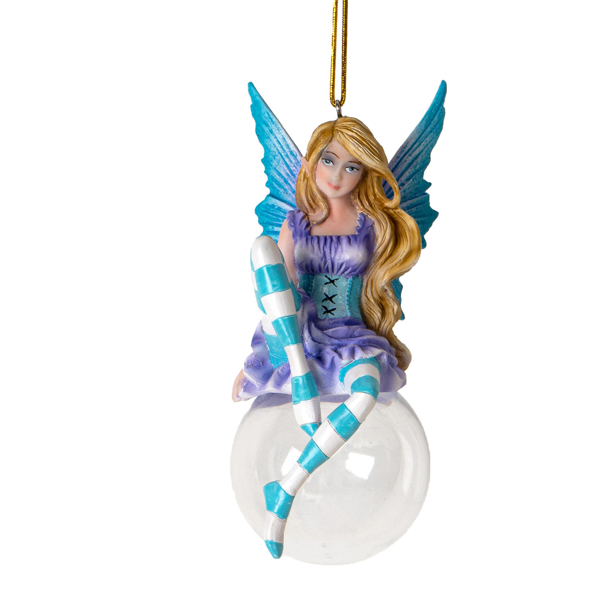 Hanging fairy ornament, pixie with dark blond hair, purple dress, blue corset, cyan wings and striped stockings perched on glass bubble