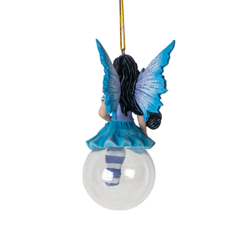 Hanging fairy ornament, black hair, pale skin, blue dress with bodice, striped periwinkle and white stockings. Perched on a glass bubble