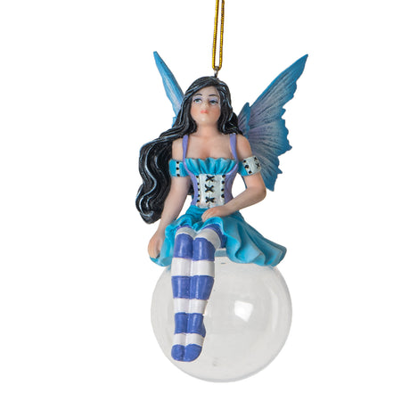 Hanging fairy ornament, black hair, pale skin, blue dress with bodice, striped periwinkle and white stockings. Perched on a glass bubble