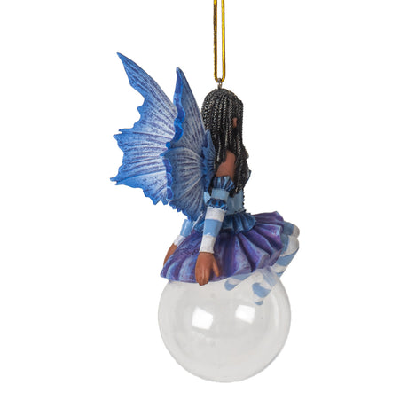 Hanging fairy ornament with dark skinned pixie, black hair, blue dress with purple skirt. Striped blue and white stockings, blue wings, perched upon a glass bubble