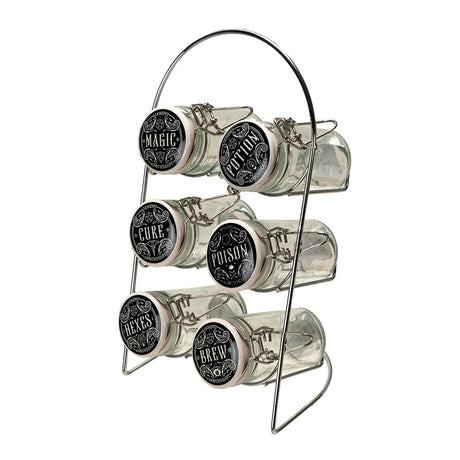 Spice rack with glass jars labeled 'Magic', 'Cure', 'Poison', 'Hexes', 'Brew' and 'Potion' 