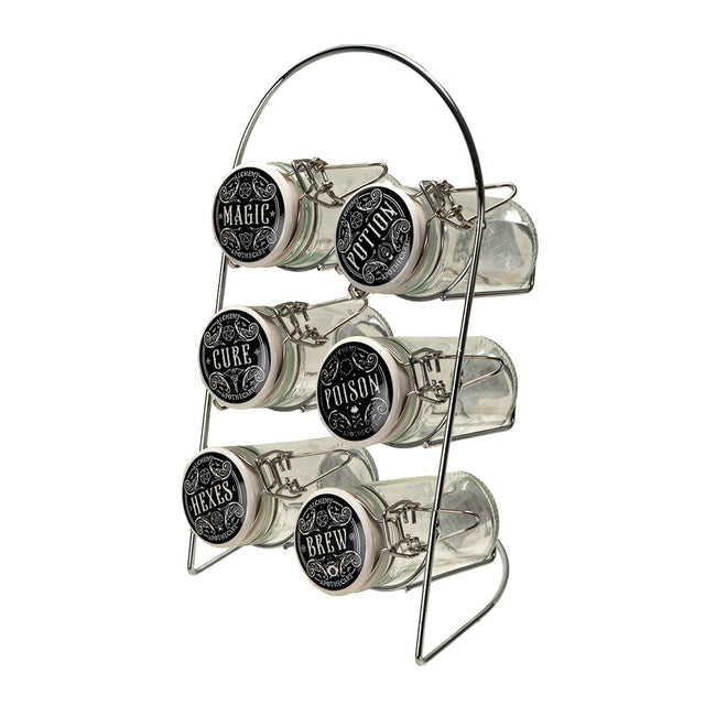 Spice rack with glass jars labeled 'Magic', 'Cure', 'Poison', 'Hexes', 'Brew' and 'Potion' 