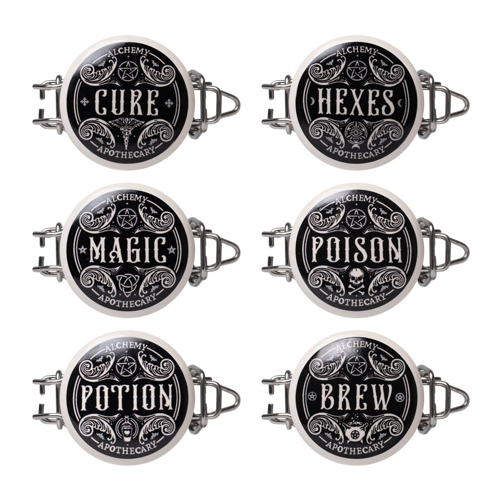 Glass jars labeled 'Magic', 'Cure', 'Poison', 'Hexes', 'Brew' and 'Potion' 
