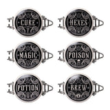 Glass jars labeled 'Magic', 'Cure', 'Poison', 'Hexes', 'Brew' and 'Potion' 