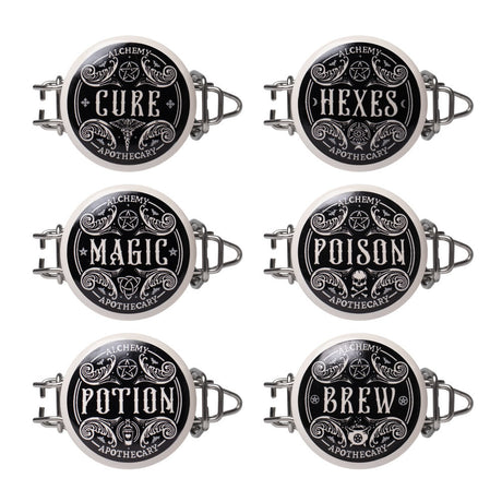 Glass jars labeled 'Magic', 'Cure', 'Poison', 'Hexes', 'Brew' and 'Potion' 