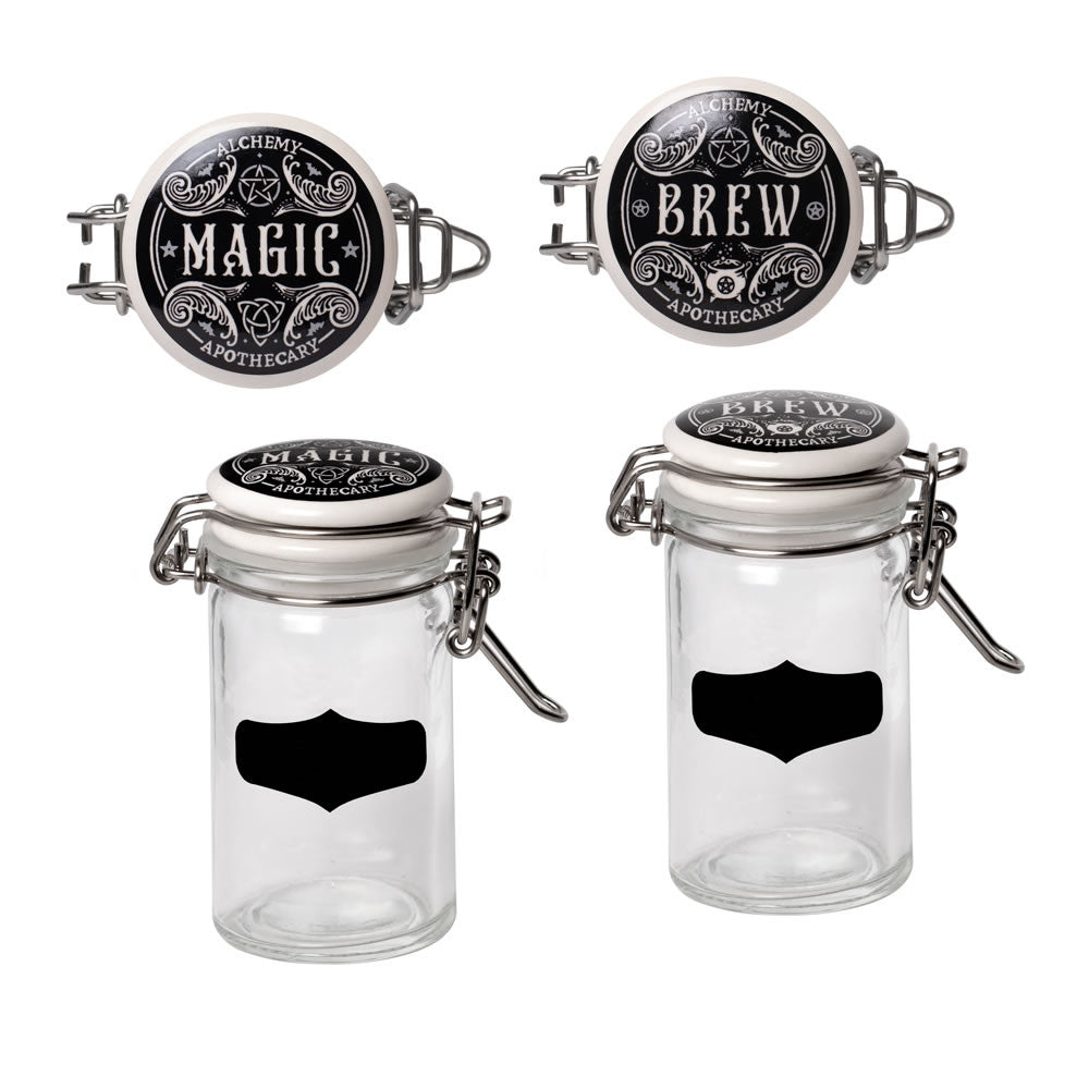 Glass jars, showing lids and side view