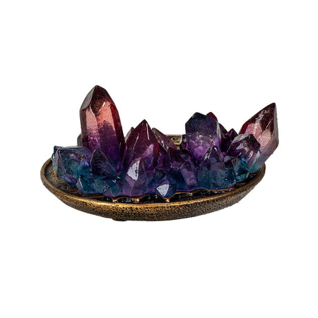 Tealight candle holder with faux gold base, ombre resin crystal points in pink, purple, and blue