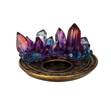 Tealight candle holder with faux gold base, ombre resin crystal points in pink, purple, and blue