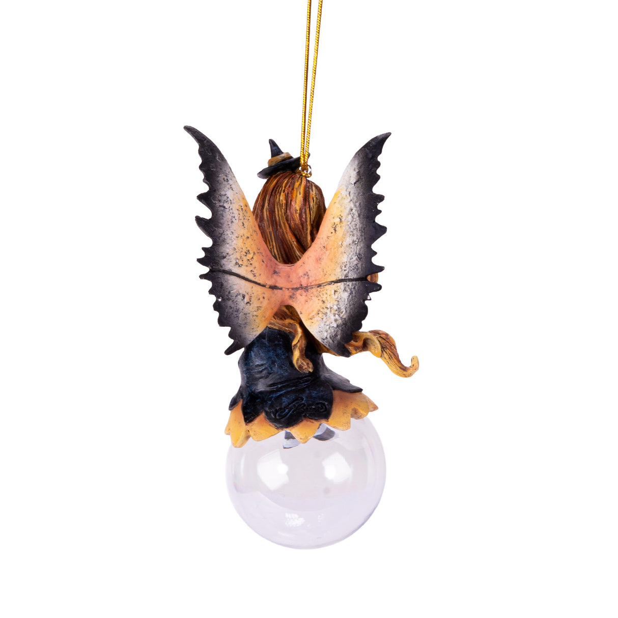Fairy ornament with witch-themed attire perched on a glass bubble, shown from the back