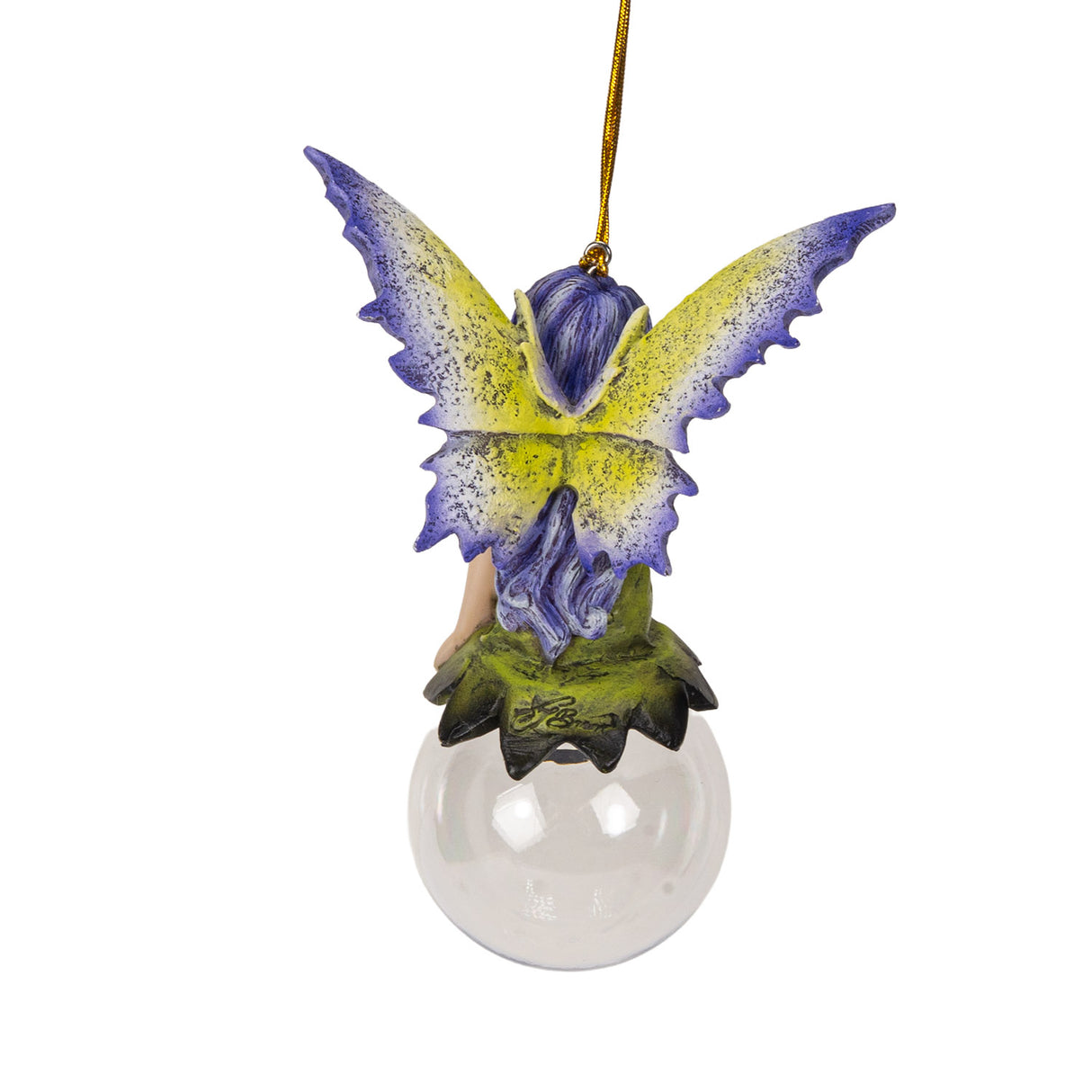 Fairy ornament with purple hair and striped pants sitting on a clear glass ball. Purple and yellow wings, gazing out. Shown from the back