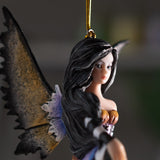 Closeup, fairy, lack hair, wings in purple, tan, black