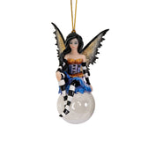Fairy ornament, black hair, purple and orange outfit with black and white striped sleeves & stockings, tan and black wings, perched on glass bubble