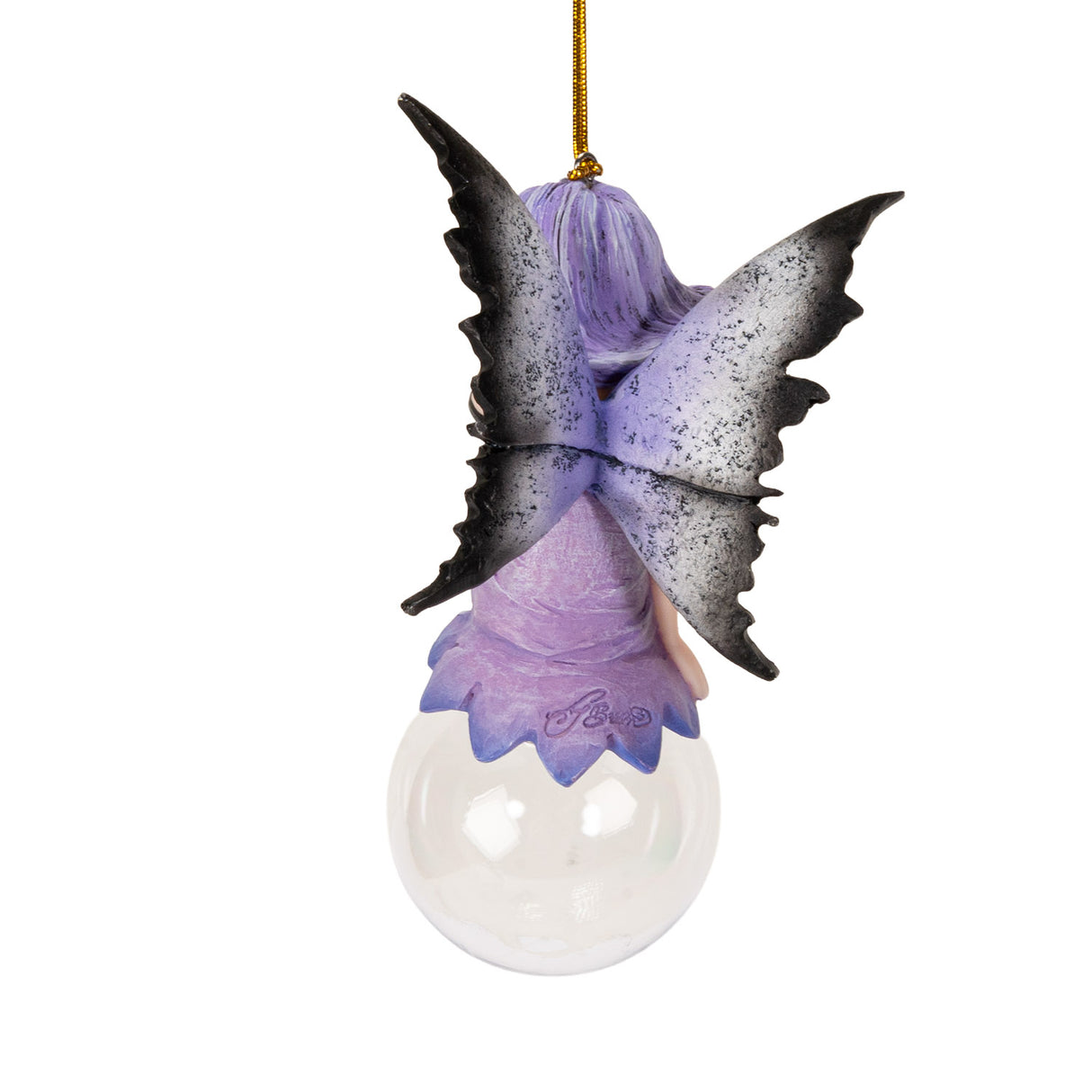 Fairy ornament with purple hair and dress, gray wings, black and white striped stockings, perched on glass bubble. Shown from the back