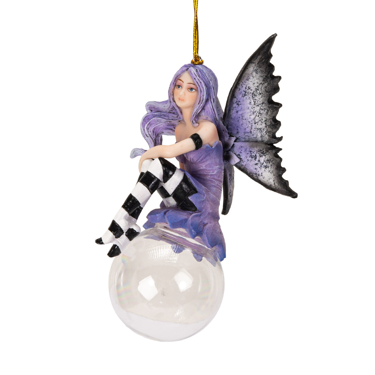 Fairy ornament with purple hair and dress, gray wings, black and white striped stockings, perched on glass bubble