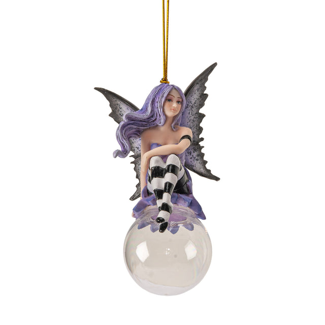 Fairy ornament with purple hair and dress, gray wings, black and white striped stockings, perched on glass bubble