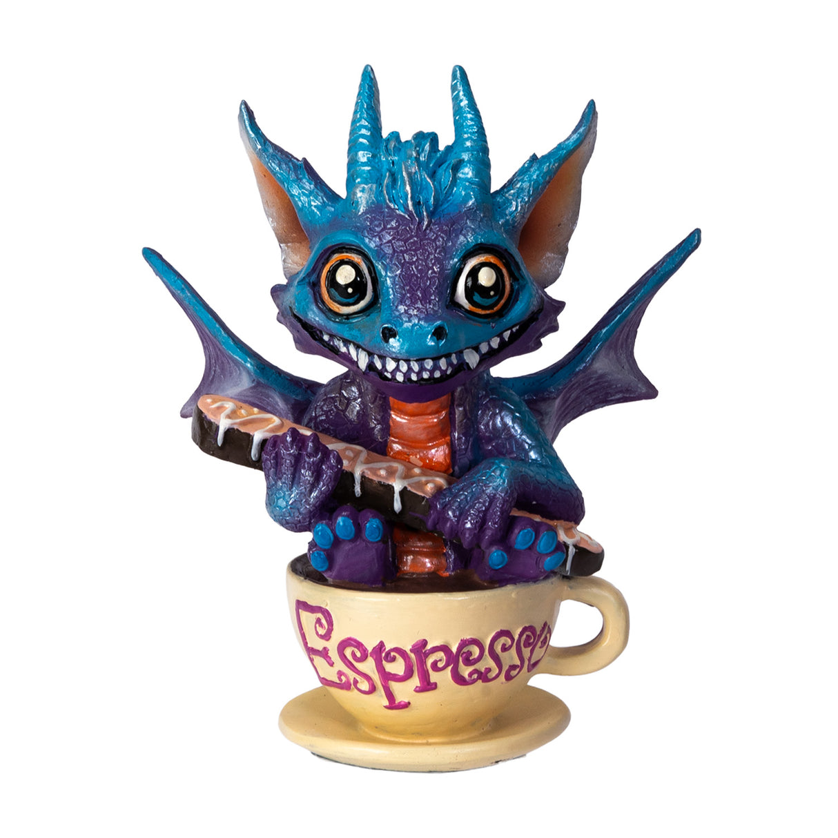 Dragon figurine with big grin, holding a biscotti in a coffee cup with 'Espresso' text on a white background