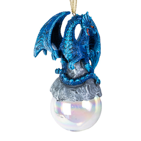 Ornament with blue dragon on rocks on iridescent glass bubble