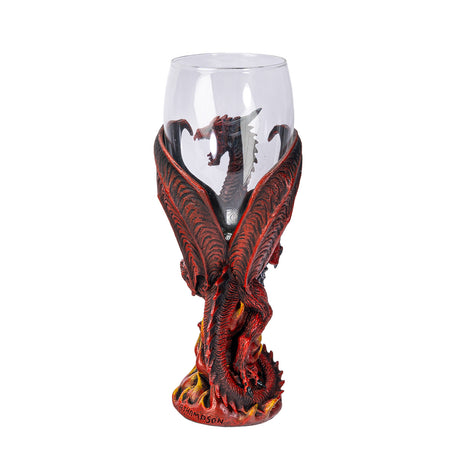 Glass-topped goblet with a red, orange and black dragon holding a sword. Shown from the back