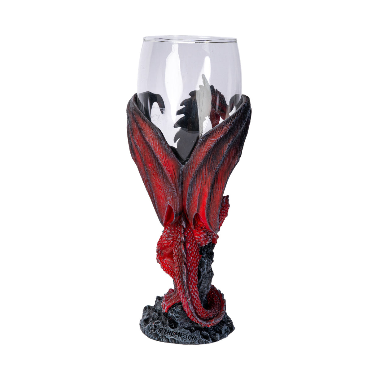 Glass goblet with red, black and gold dragon holding sword, shown from the back