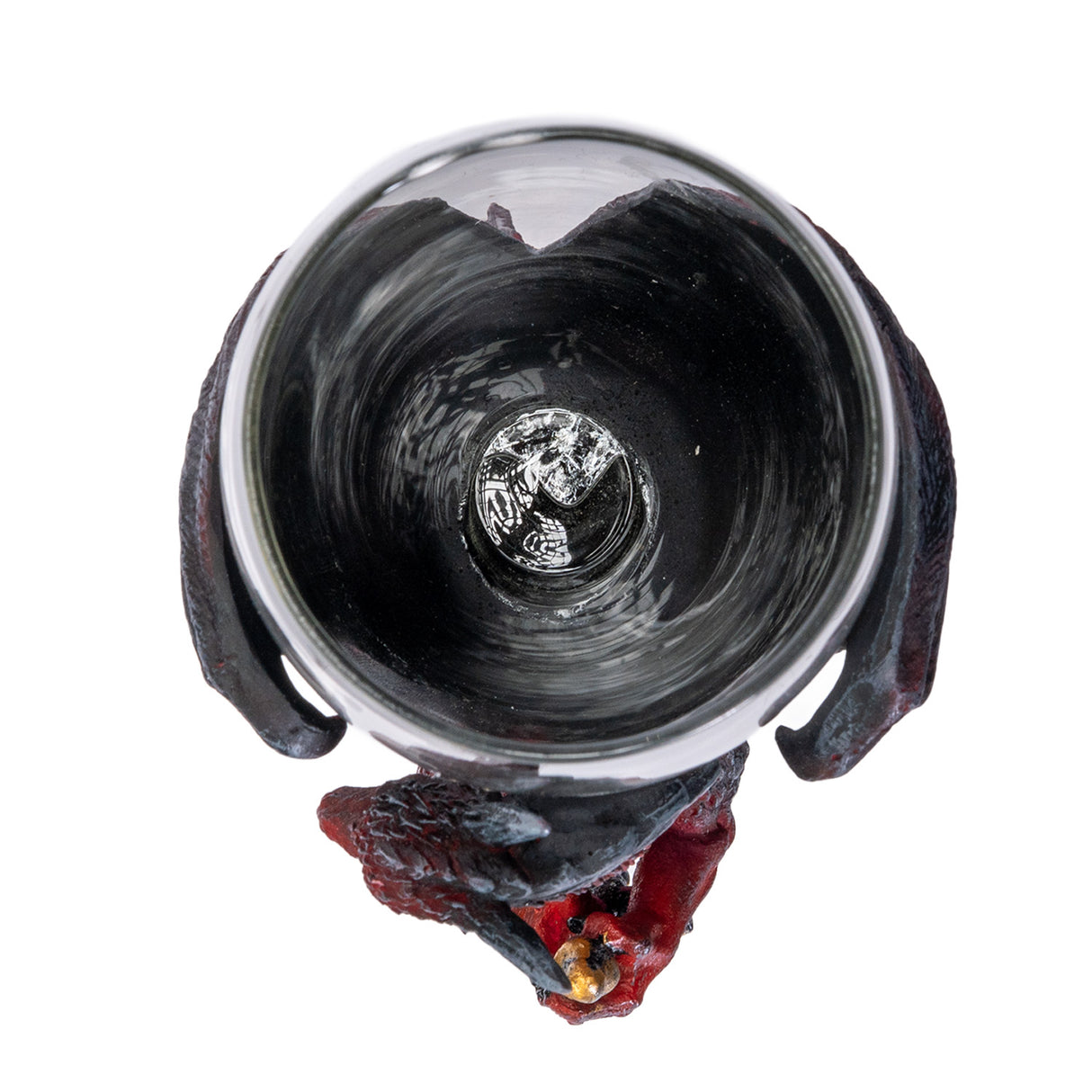 Glass goblet with red, black and gold dragon holding sword, shown top down