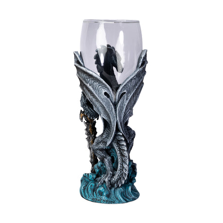 Glass topped goblet with gray dragon and black wolf, dragon is holding a sword, shown from the back