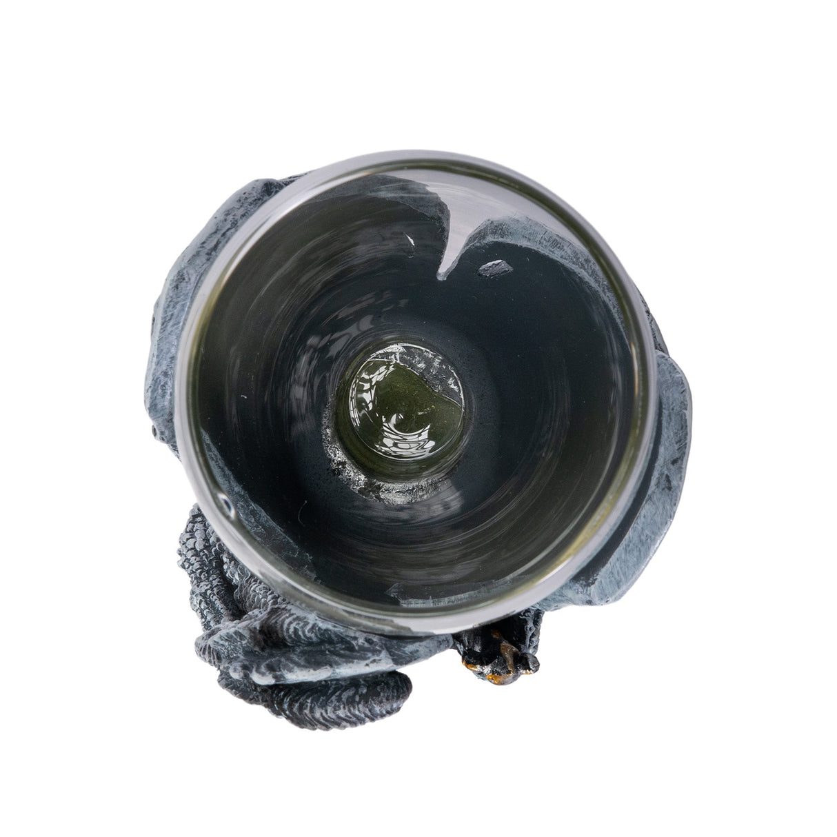 Glass topped goblet with gray dragon and black wolf, dragon is holding a sword, shown top down