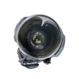 Glass topped goblet with gray dragon and black wolf, dragon is holding a sword, shown top down