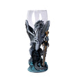 Glass topped goblet with gray dragon and black wolf, dragon is holding a sword