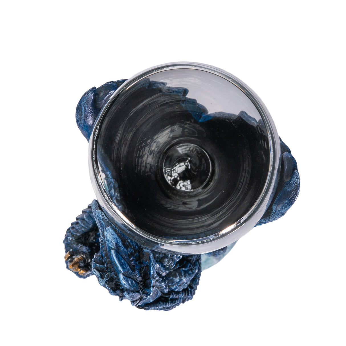 Glass goblet with blue dragon holding sword with white wolf, shown top down