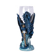 Glass goblet with blue dragon holding sword with white wolf