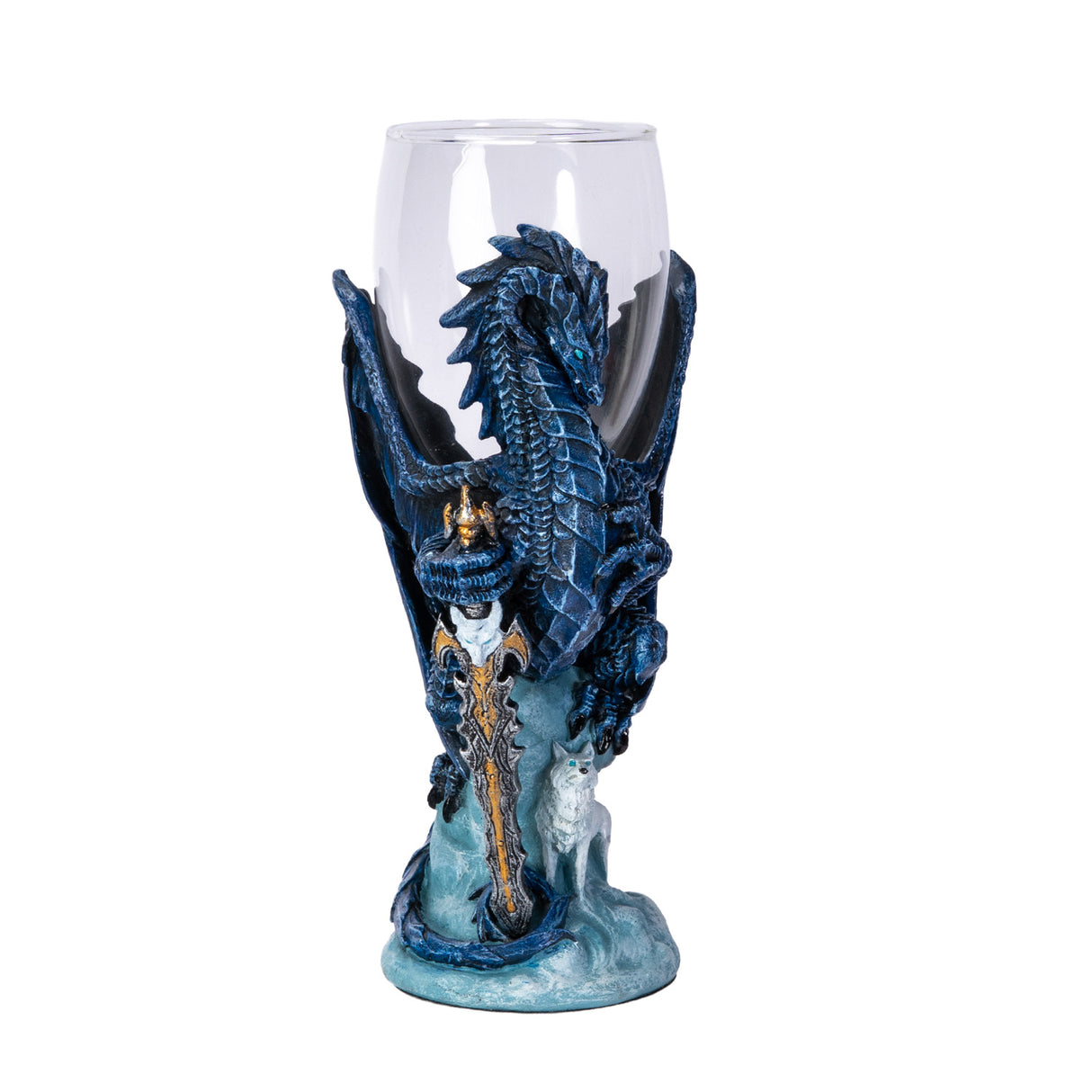 Glass goblet with blue dragon holding sword with white wolf