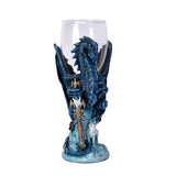 Glass goblet with blue dragon holding sword with white wolf