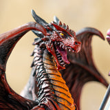 Closeup of red and orange dragon with mouth open, showing teeth