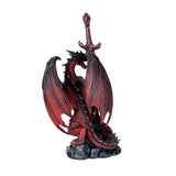 Dragon in shades of red, orange and black curled around a letter opener sword with red hilt, shown from the back