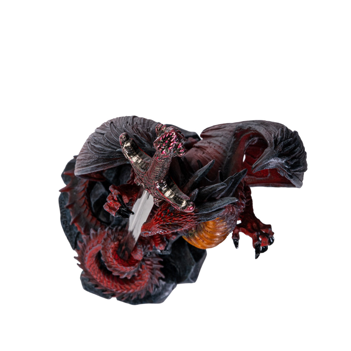 Dragon in shades of red, orange and black curled around a letter opener sword with red hilt, shown top down