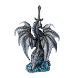 Gray dragon with wolf in the waves, holding a sword letter opener, shown from the back