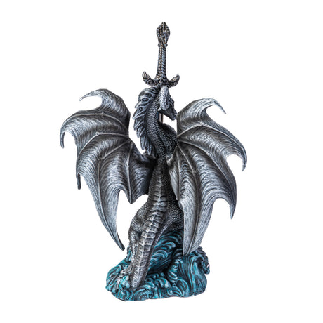 Gray dragon with wolf in the waves, holding a sword letter opener, shown from the back