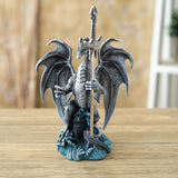 Gray dragon with wolf in the waves, holding a sword letter opener