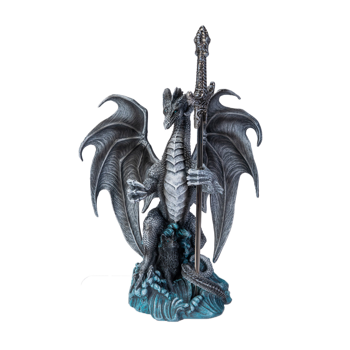 Gray dragon with wolf in the waves, holding a sword letter opener