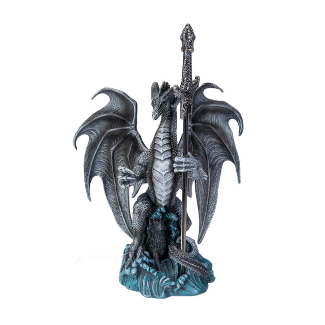 Gray dragon with wolf in the waves, holding a sword letter opener