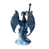 Blue dragon figurine holding a sword letter opener with a white wolf at its feet, shown from the back
